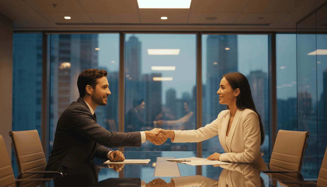 Founder and investor shaking hands during funding discussion