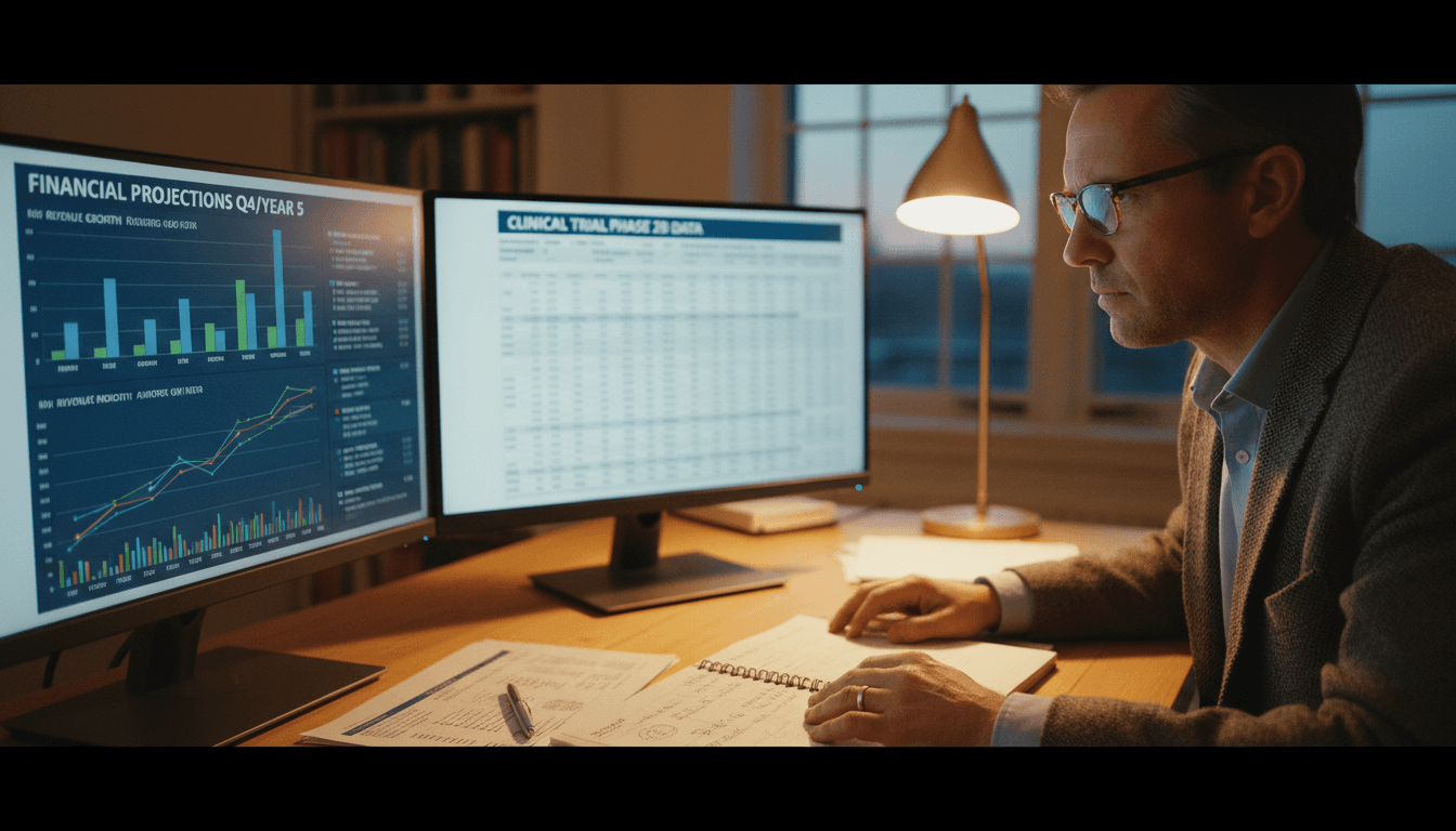 Founder reviewing financial and clinical data for investor presentation