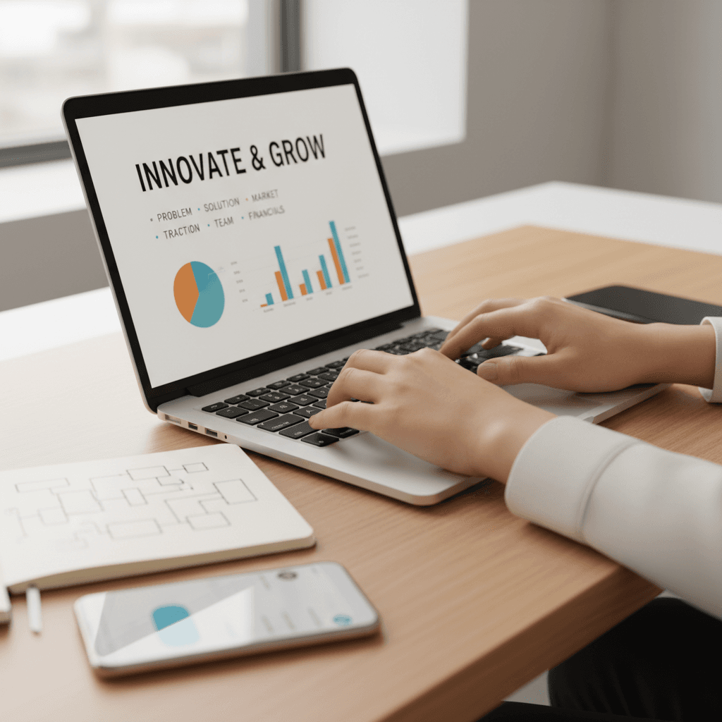 Healthcare founder reviewing pitch deck materials at desk