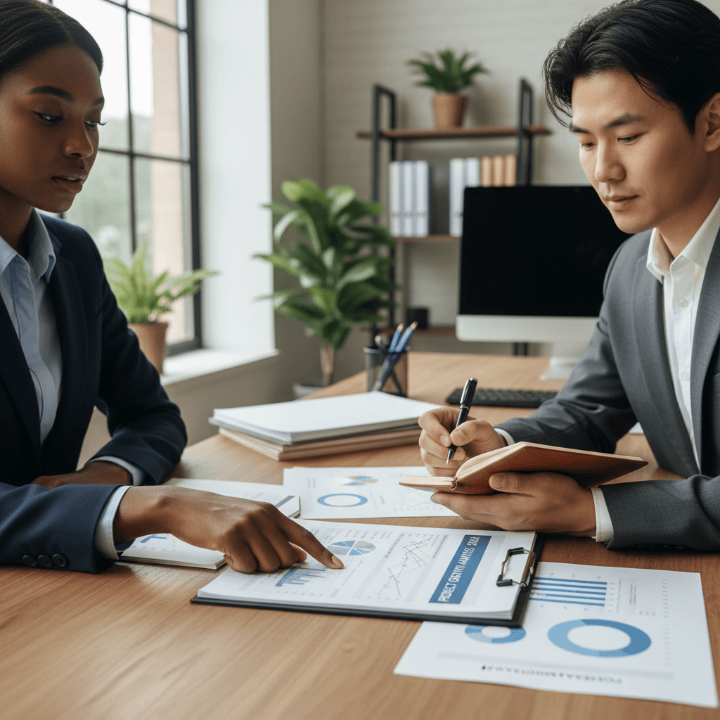 Two professionals in discussion reviewing financial documents at a wooden table during a strategic consultation meeting