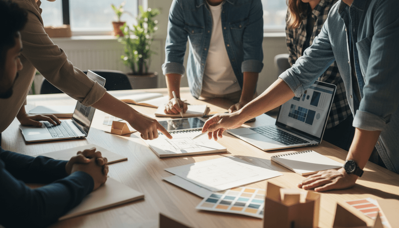 Diverse team reviewing investor feedback and market evaluation notes together