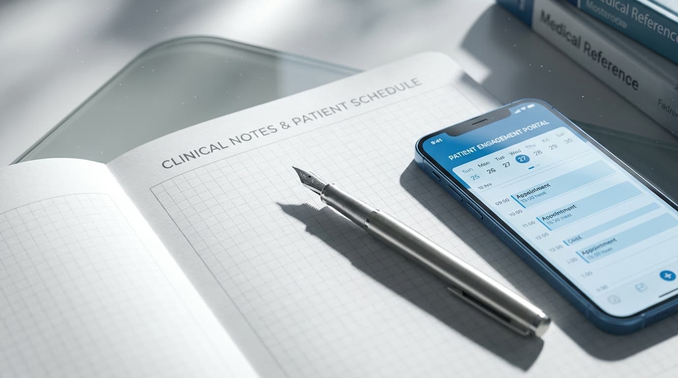 Healthcare analyst reviewing clinical trial data and market research documents